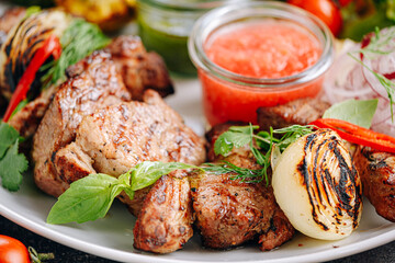 shish kebab and vegetables grilled and served on a white plate