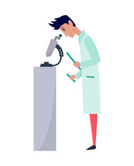Young scientists characters in laboratory. Doctor research in a laboratory lab. Professor look in microscope. Stereotype of scientist.  illustration isolated on white background