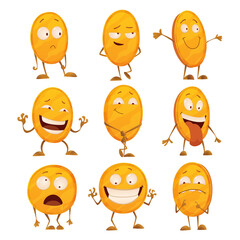 Set of coins with emotions. Icon for the game apps interface. Cartoon image of funny golden coins with arms and legs, emotions on a white background. illustration