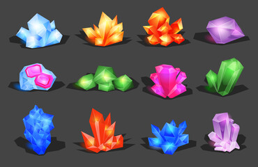 Minerals, Crystals, Gems, and Diamonds. Crystalline stone or gem and precious gemstone for jewellery. Simple crystal symbol with reflection. Cartoon icons as decoration for games. Isolated Set