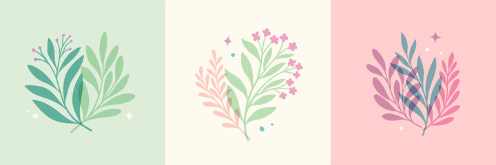 Vector modern floral arrangement background. Cute delicate botanical illustration with leaves and plants.