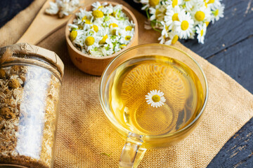 Obraz na płótnie Canvas cup of herbal chamomile tea with fresh daisy flowers background, treatment and prevention of immune concept, medicine - folk, alternative, complementary, traditional medicine