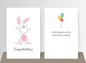 Two banners with funny cute bunny. Hand drawn standind yawning rabbit and color balloons. illustration in flat style
