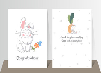Two banners with funny cute bunny. Hand drawn rabbit seated with color flowers and another rabbit seated lean on carrots. illustration in flat style
