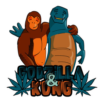 vector illustration of a giant gorilla and reptile hugging and smiling with cannabis leaves. Design for t-shirts, stickers and posters.