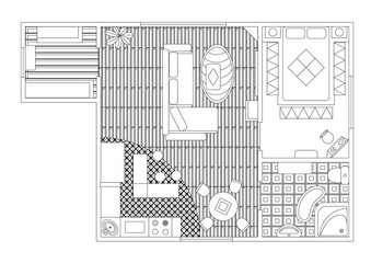 Architectural Color Floor Plan. Detailed apartment sketch top view. Studio Apartment With One Bedroom. Flat style illustration. Black and white style