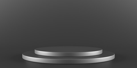 Black stand podium on dark background. Realistic dark platform