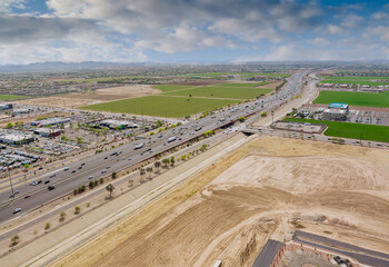 Top view over the traffic backed up during rush hour on Interstate highway, expressway near phoenix on Arizona