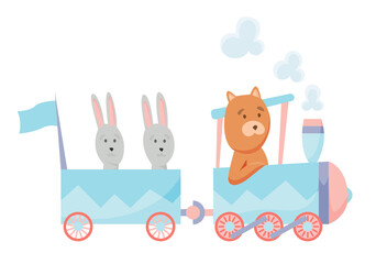 Cartoon set with different animals on trains. Bunny and bear. Flat elements for postcard, book or print