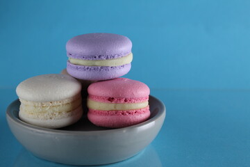 Macaroons lavender vanilla chocolate coffee pink on a gray plate on a blue background with a place to insert the text of the copyspace view from the side