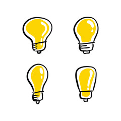 Light bulb doodle collection. Hand drawn simple electric lamps, symbols of ideas, solutions, innovation and creativity.