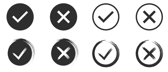 Set of black and white tick and cross. Simple chek marks icon. YES or NO accept and decline symbol. Buttons for vote, election choice. Circle and brush. Check mark OK and X icons. Vector illustration