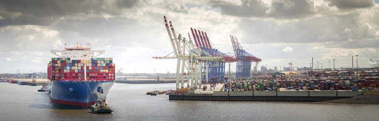 Large container ship in the port of Hamburg  - obrazy, fototapety, plakaty