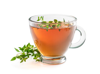 Black tea with thyme in glass cup isolated on white
