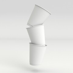 Mock up 3D floating set of disposable cardboard cup for coffee without cap