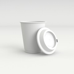 Empty disposable cup with lid, white background 3D mockup, front view