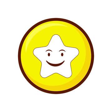 Cute social media star with smiling face in button emoji on white background. Royalty Free.