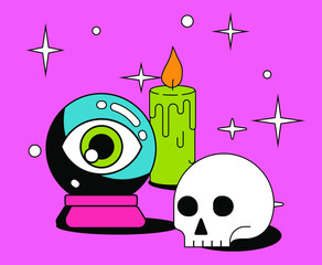 Candles and a skull on fire. Flat cartoon style vector illustration for Halloween party.