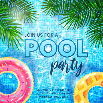 Pool Party invitation banner template. Ripple water background with inflatable rings and palm leaves. Design of flyer for summer beach party at night club or hotel. Vector 3d illustration