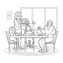 Coloring book grandparents with grandchildren drinking tea with fresh pastries at the big table.Vector illustration for children, black and white line art