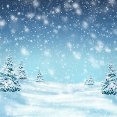 Snowstorm in the mountains. Snow-covered trees and snowdrifts. Winter. Christmas background. Blizzard. Winter background