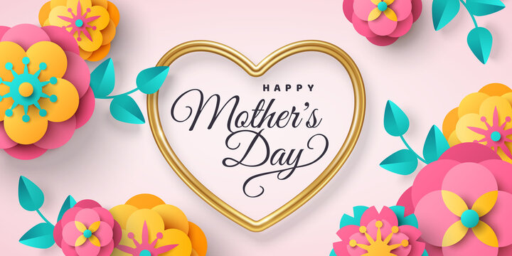 Happy Mother's day greeting card or poster with paper cut flowers and gold heart frame on bright background. Vector illustration. Calligraphic message, place for text. Cute sale banner or gift voucher