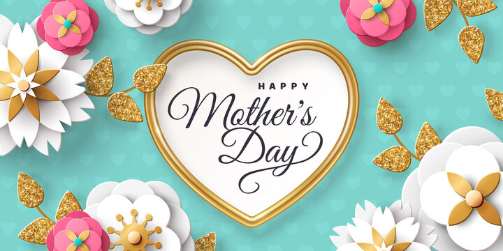 Happy Mother's day greeting card or poster with paper cut flowers and golden heart frame on blue background. Vector illustration. Calligraphic message, place for your text. Cute love sale banner