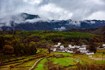Fototapeta na wymiar village in the valley of mountains