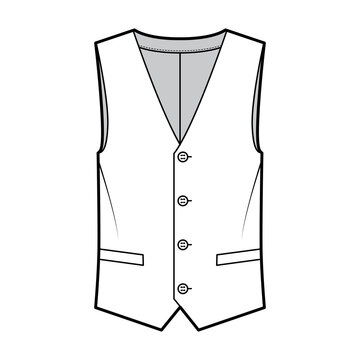 Lapelled Vest Waistcoat Technical Fashion Illustration With Sleeveless, Notched Shawl Collar, Button-up Closure, Pockets. Flat Template Front, White Color Style. Women, Men, Unisex Top CAD Mockup