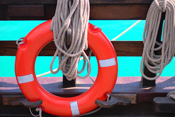 Lifebuoy of a wooden boat. Lifebuoy concept.