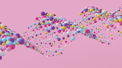 Waving colorful balls. Pink background. Abstract illustration, 3d render.