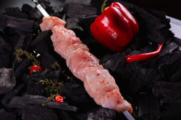slicing for skewers of fresh raw fresh meat on a dark background, charcoal with rosemary on a background of dark slate stone, top view. sloping horizon. Selective focus. Carnivores concept
