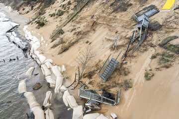 aerial view of  damage on eroding dune on Lake Michigan