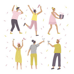 Obraz premium Happy people characters celebrating, dancing and having fun at a birthday party. Set of colorful characters. Flat hand drawn vector Illustrations