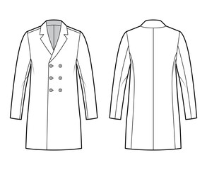 Classic coat technical fashion illustration with thigh length, notched shawl collar, oversized body, double breasted. Flat jacket template front, back, white color style. Women, men, unisex CAD mockup