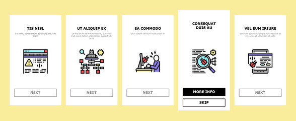 Debug Research And Fix Onboarding Mobile App Page Screen Vector. Debugging Servers And Data Store, Development And Testing Application On Debug Illustrations
