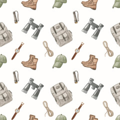 Watercolor seamless pattern on white background camping and travel. Equipment. Backpack. Benochle.