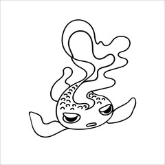 Black outline doodle funny hand drawn goldfish isolated on white background. Cartoon character design element for baby printing, packaging, wrapping paper, coloring book, wallpaper kids goods.