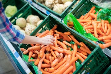 Woman customer choosing bio carrot in vegetable store or supermarket.
