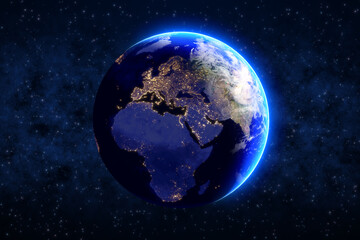 Obraz na płótnie Canvas Earth planet on blue night sky with stars. City lights on dark side of the planet. Elements of this image furnished by NASA. 3D rendering.