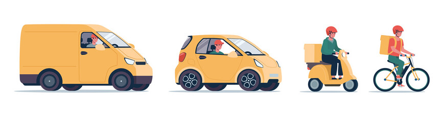 Online delivery service concept, tracking online orders. Bicycle courier, moped, electric vehicle and cargo van for delivery. Set of vector illustrations in flat style, transport for shipments, yellow
