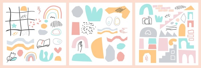 Colored constructor set of hand drawn abstract shapes, lines and doodle objects isolated. Geometric Vector illustration