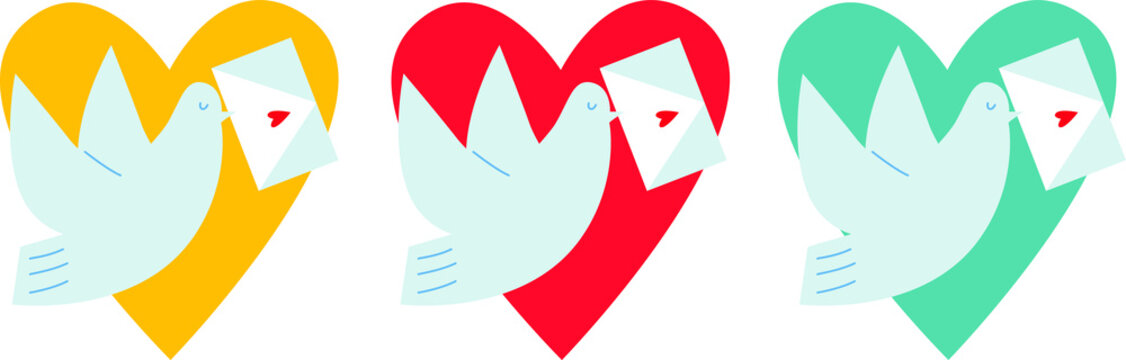 Dove holding a love letter flat vector. Love message illustration. Letter in an envelope cartoon illustration. Love icon set.