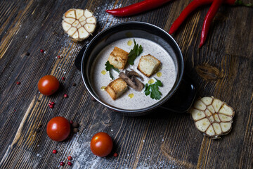 chicken soup with vegetables and white mushrooms