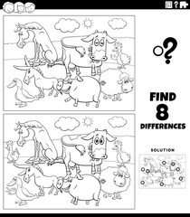 differences game with farm animals coloring book page