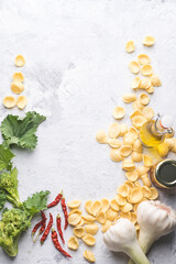 Puglia  pasta Orecchiette rustic white  background with  ingredients: turnip leaves and tops or cima di rapa (Brassica rapa), salt anchovies, chili pepper, olive oil, garlic, flat lay.  Southern Italy