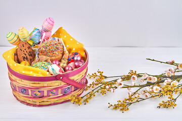 Fluffy yellow branch of willow and bucket for easter.