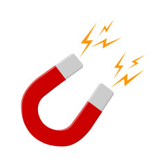 Red horseshoe magnet with lightning flash isolated on white background. Symbol of magnetic power, attraction, influence. Vector flat illustration.