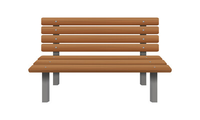 Wooden park bench isolated on white background. Front view. Outdoor sitting furniture for patio, porch, garden, parkland. Vector cartoon illustration.