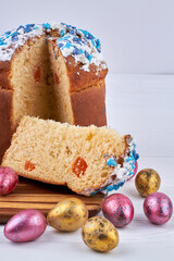 Easter cake and eggs isolated on white background.